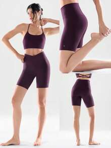 GLOWMODE 8" FeatherFit™ Crossover Biker Shorts Cycling Running Gym Workout - Bold Plum - View 7