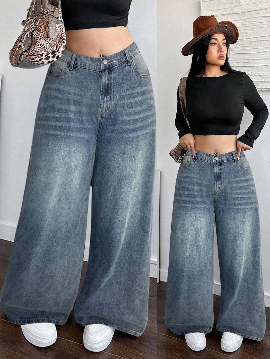 SHEIN ICON EZwear 大码休闲宽松直筒卡其色牛仔裤，秋冬牛仔裤，万圣节装扮，阔腿牛仔裤，流行纯色复古水洗牛仔布 - 深色水洗藍 - 查看 1