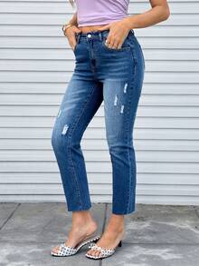 EMERY ROSE 女士休闲日常做旧斜插口袋牛仔裤 - 藍色 - 查看 6