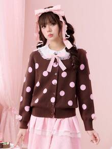 ROMWE Kawaii 复古波点蝴蝶结女士开衫 - 巧克力棕 - 查看 5