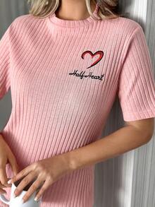EURMUSE 100%Cotton Letter Embroidery Ribbed Knit Lounge Set - Pink - View 5