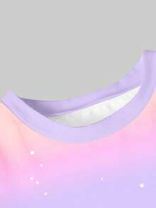 1 Set Young Girls Casual Fashion Cartoon K-POP Girl Group NOVA BEAT Style Outfit, Ombre Pink-Purple Short Sleeve T-Shirt + Printed Leggings, Summer Stylish Casual Wear - Multicolor - View 4