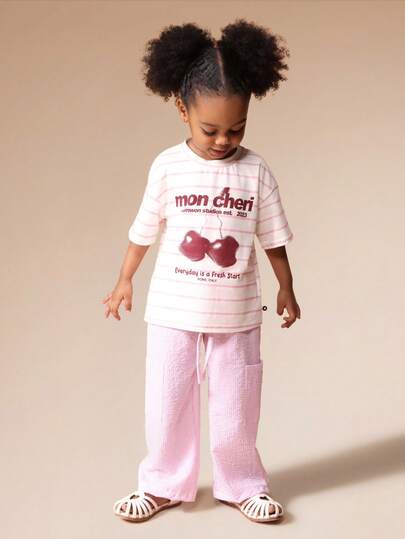  SUMWON Striped Cherry Print Two Piece Set Short Sleeve Tee With Wide Leg Pants Casual Summer Co-Ord For Kids Vacation