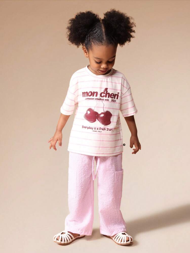 Striped Cherry Print Tee And Pants Set