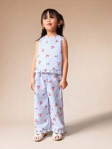 SUMWON 无袖樱桃印花格纹两件套T恤和裤子，荷叶边下摆细节，适合夏季穿着 - 藍色 - 查看 7