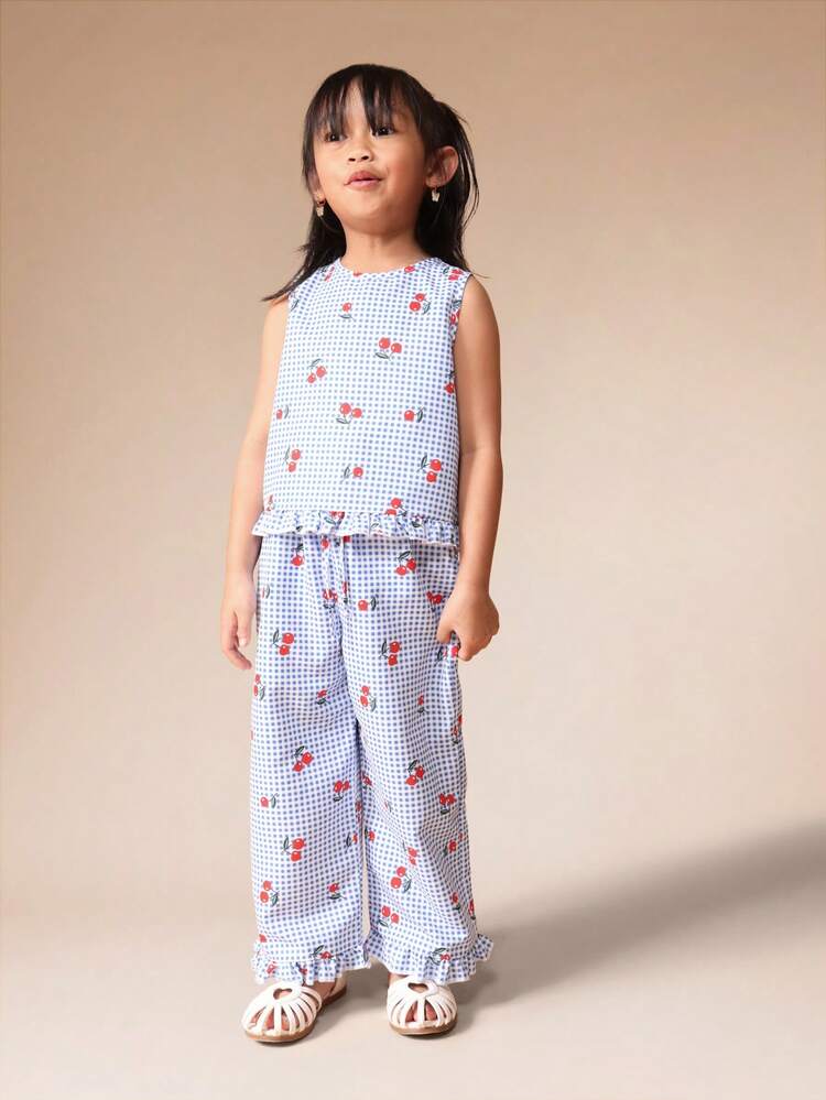 Sleeveless Tee And Ruffle Pant Set With Cherry Print