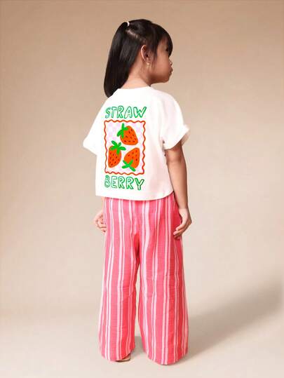 SUMWON Girls Strawberry Print T-Shirt And Wide Leg Palazzo Pants Two Piece Summer Co-Ord Set