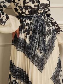 Lilora 优雅复古佩斯利几何印花高端定位垂褶领纽扣系带腰部蝴蝶结褶裥灯笼袖长袖休闲、工作、约会、晚宴、下午茶女装 - 彩色 - 查看 8