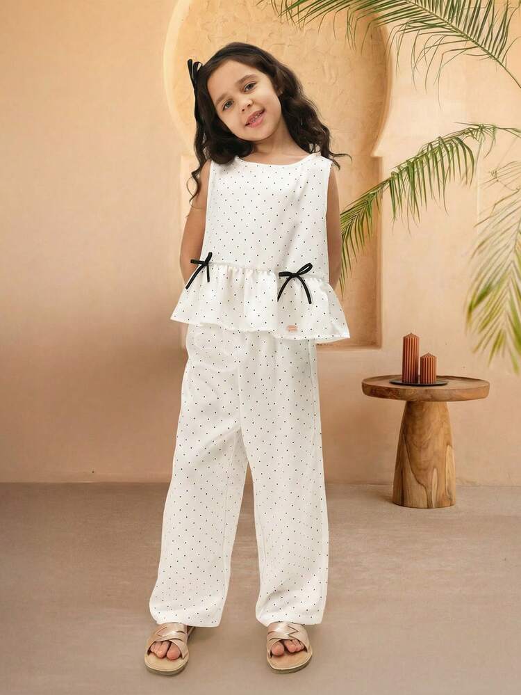Polka Dot Tank Top And Pants Set With Bow Details
