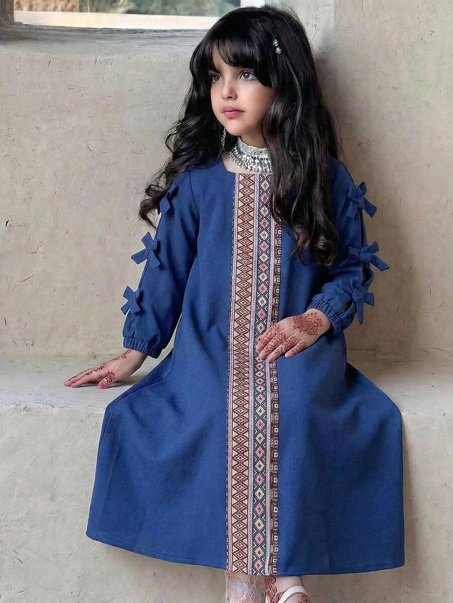 SHEIN 女童纯色方领蝴蝶结装饰休闲连衣裙 - 彩色 - 查看 1