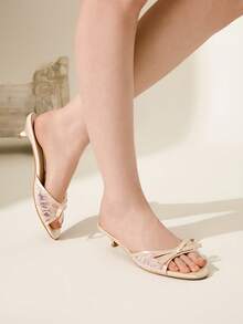 CUCCOO CHICEST 女士时尚蝴蝶结露趾高跟凉鞋，夏季 - 香檳色 - 查看 5