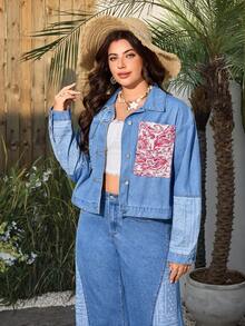 Breezaya Plus Size Women's Spring/Summer Patchwork Washed Denim Jacket - Multicolor - View 5