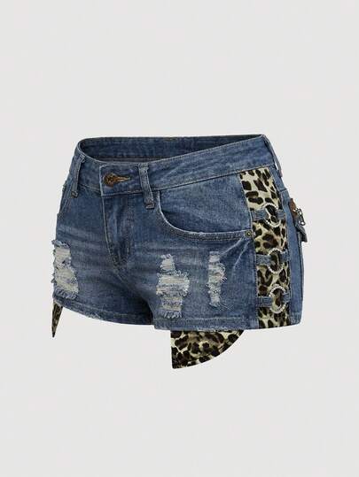 ROMWE J-Fashion Y2K 辣妹原宿豹纹复古低腰紧身加大码女式牛仔短裤