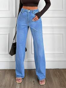 EURMUSE High Waisted Straight Leg Jeans - Light Wash - View 3