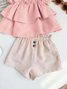 Babygirl Cute Summer Vacation Ruffle Strap Top And Shorts Set - Multicolor - View 5