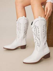 Styleloop Giày bốt nữ kiểu miền Tây thêu họa tiết mới, bốt đế cao thêu cá tính, phong cách Bohemian, retro Mỹ, phù hợp cho các lễ hội âm nhạc miền Tây, tiệc tùng, Giáng sinh, Halloween và các dịp khác, cũng như trang phục dự lễ hội âm nhạc Coachella. - Màu trắng 3 - Xem 5
