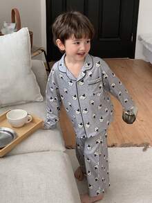 DAZY 男童舒适可爱印花长袖衬衫长裤睡衣套装，秋季款 - 灰色 - 查看 1
