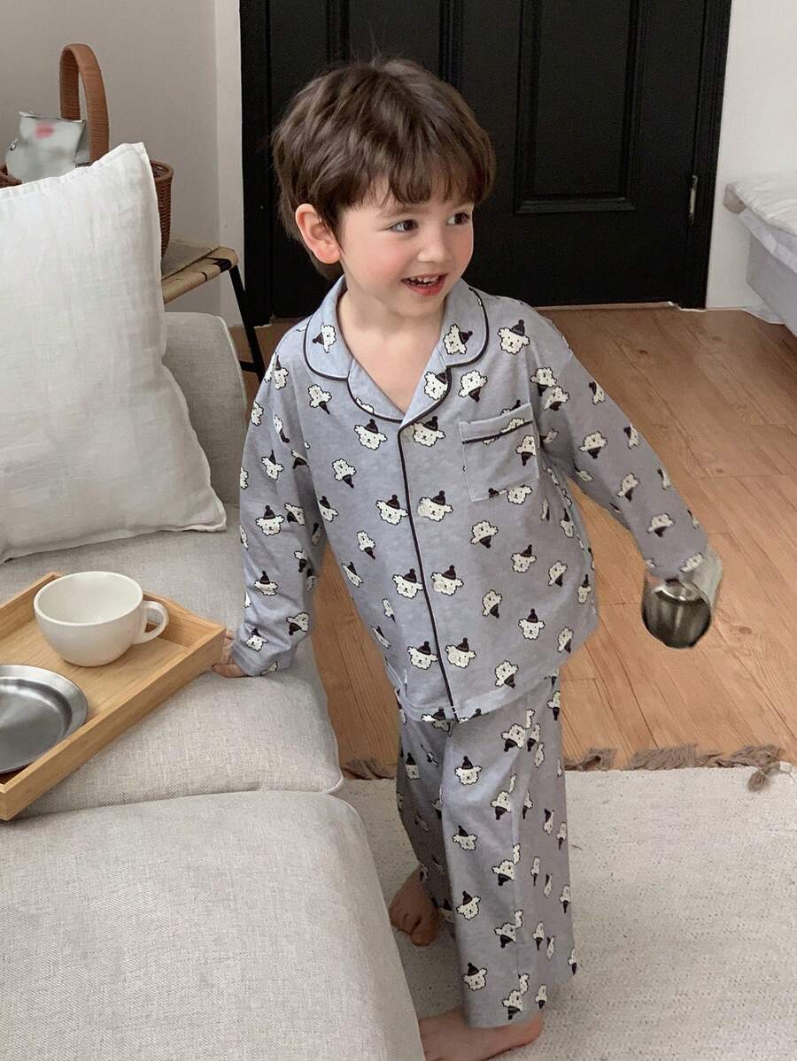 DAZY 男童舒适可爱印花长袖衬衫长裤睡衣套装，秋季款 - 灰色 - 查看 1