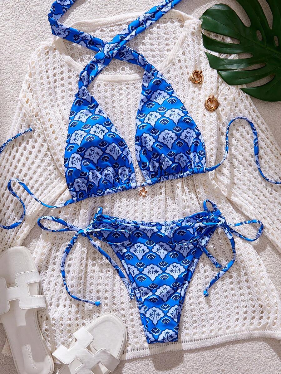 Swim Mod 2026 Spring/Summer Fashionable Printed Halter Backless Sexy Bikini 2 Pieces Swimwear Set For Women - Blue - View 1