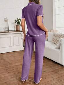 SHEIN 女士经典简约紫色V领短袖上衣和裤子家居服套装，休闲睡衣 - 紫色 - 查看 2