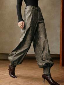 Anewsta Savoree Women's Fashionable PU Lantern Pants, Ankle-Tied, Autumn - Brown - View 1