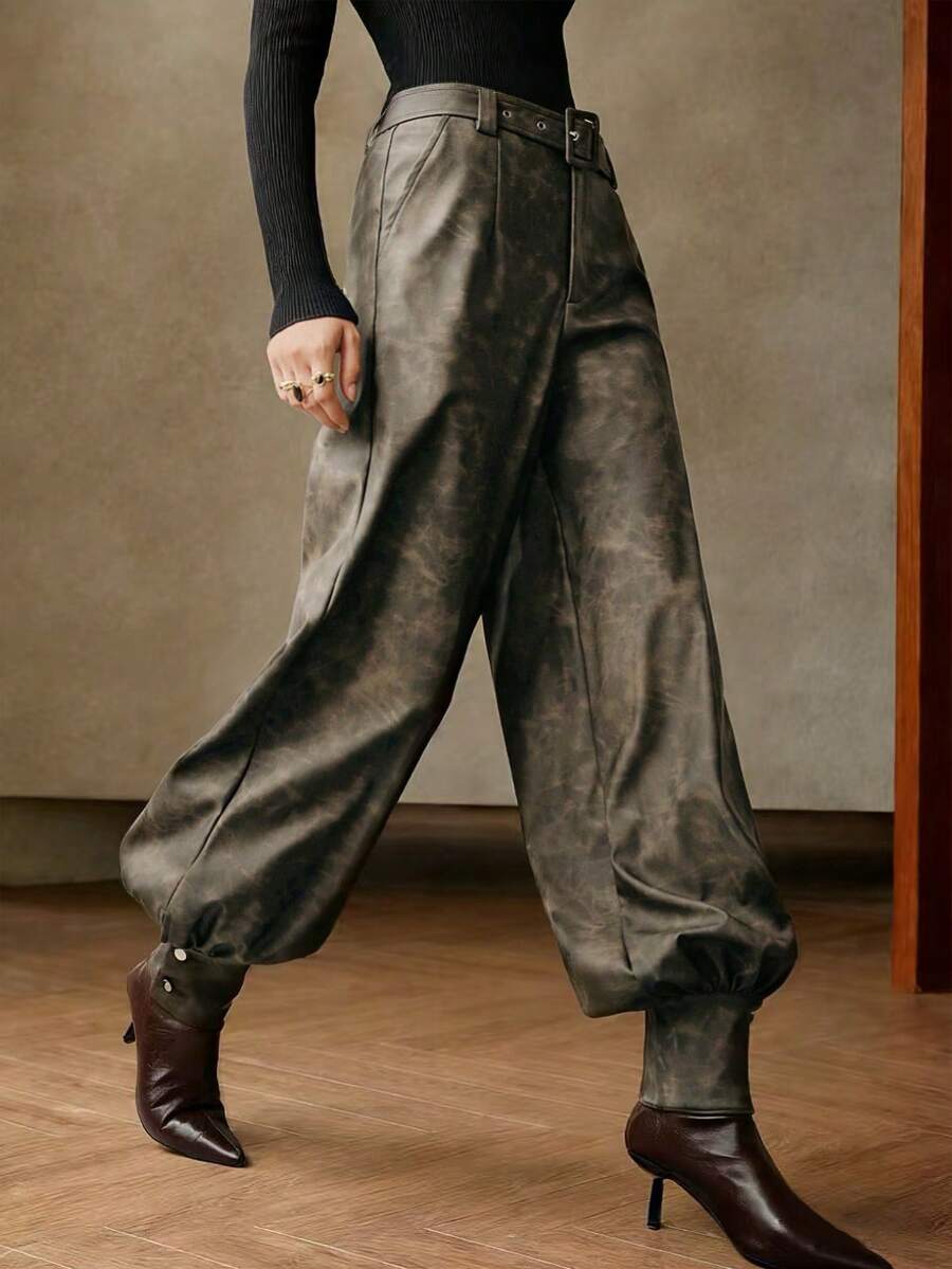 Anewsta Savoree Women's Fashionable PU Lantern Pants, Ankle-Tied, Autumn - Brown - View 1