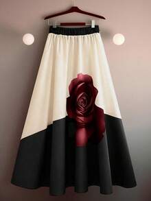 Franclia Women's High Waist Digital Print A-Line Skirt, Relaxed Casual Versatile Design 3d Flower Skirt Black And White Skirt Elegant Skirt Black And White Formal Skirt Rose Skirt - Multicolor - View 2