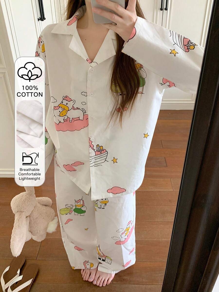 DAZY Cute Pony Print Women Pajama Set - White - View 1