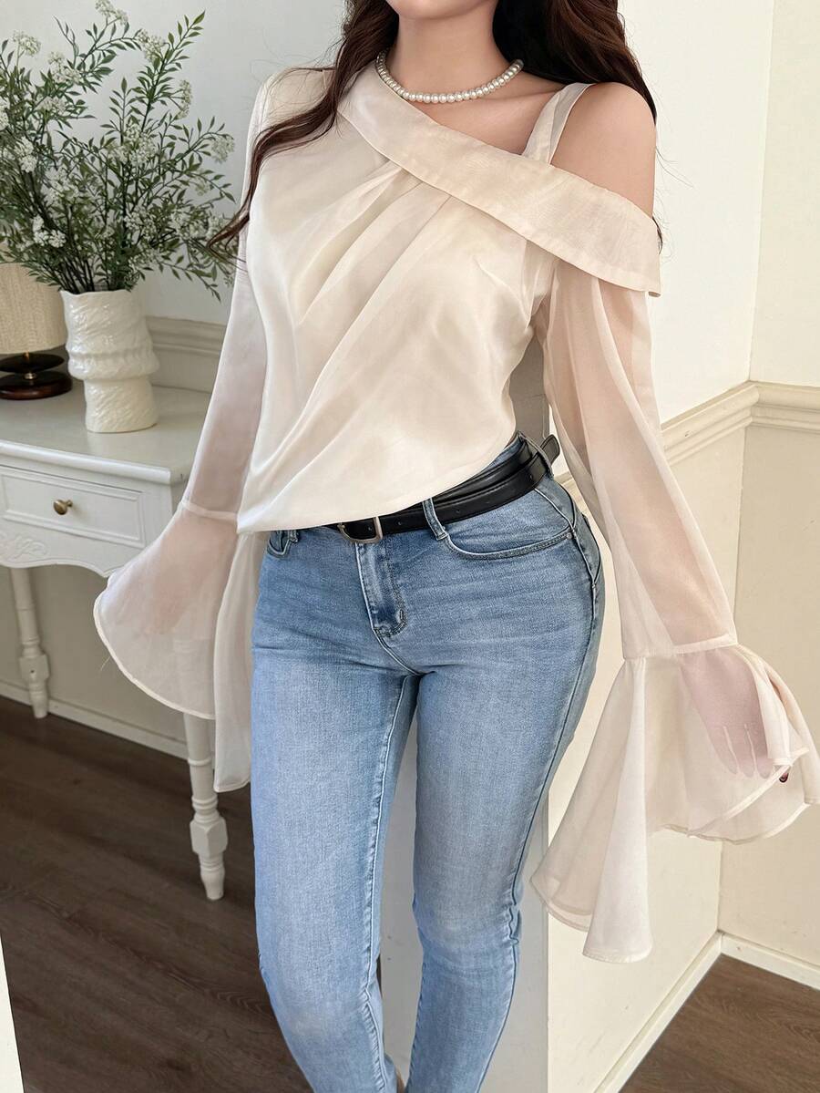 Feyla Women's Solid Color Mesh Patchwork Asymmetric Collar Elegant Long Sleeve Blouse - Apricot - View 1