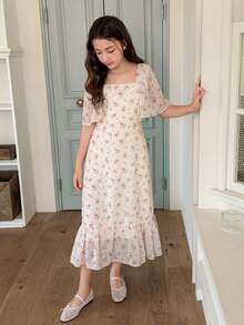 DAZY 少女碎花方领荷叶袖宽松休闲连衣裙 - 米色 - 查看 3