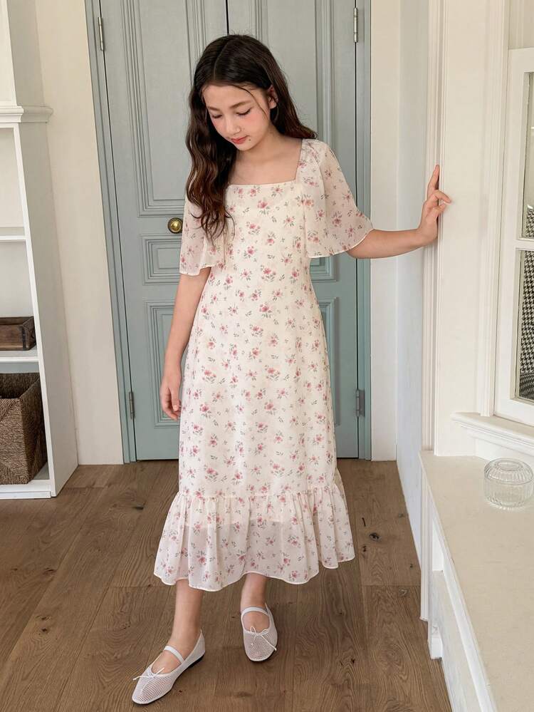 Tween Girl Ditsy Floral Square Neck Ruffle Sleeve Loose Casual Dress Summer Easter