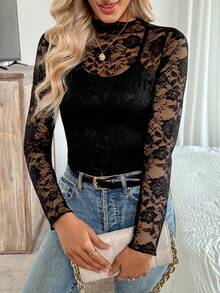 EMERY ROSE Fitted Lace Mock Neck Long Sleeve Top - Black - View 4