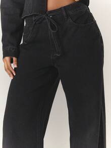 MUSERA Contrast Stitch Wide Leg Washed Tie Waist Denim Jeans Streetwear Cute Classy Casual Sexy Going Out Toffee Chic - Black - View 5