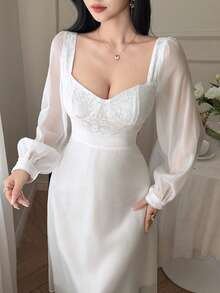 DAZY 女士蕾丝拼接腰部优雅长裙 - Pearl White - 查看 6