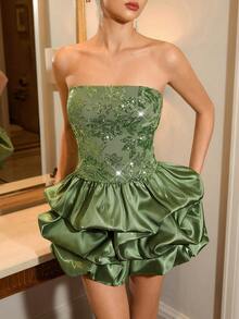 Poshira 女士优雅亮片层叠泡泡裙摆无肩带鸡尾酒会礼服，夏季 - 綠色 - 查看 7