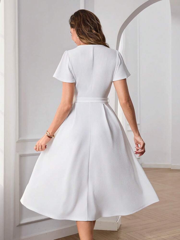 Elegant White Midi Dress For Women – V-Neck Flutter Sleeve Belted A-Line Dress, Perfect For Summer & Spring, Ideal For Wedding Guest, Party, Graduation, Formal Office, Going Out,,Work Outfits For Women,Graduation Outfit For Mother, Ruffle Dress,Summer Outfits For Women