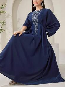 Veilorie Đầm Ả Rập dài tay cổ tròn thêu họa tiết thanh lịch dành cho nữ - Màu xanh hải quân - Xem 1