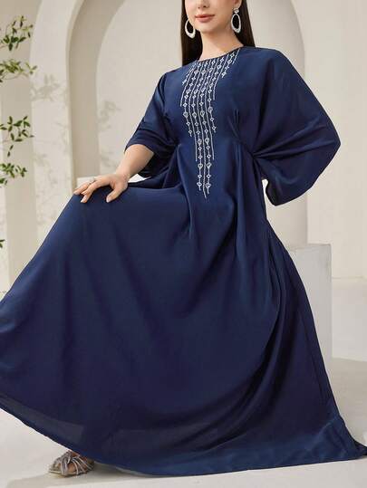 Veilorie Women's Embroidered Round Neck Elegant Long Sleeve Arabic Dress