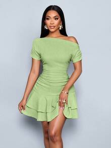 SOLERSUN Women's Elegant Party Daytime Apricot Knitted Asymmetrical Neck Neck Long Sleeves Gathered Double Ruffle Mini Dress - Green - View 5