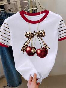 Resyla 女士休闲豹纹蝴蝶结樱桃图案短袖T恤 - 粉色 - 查看 1