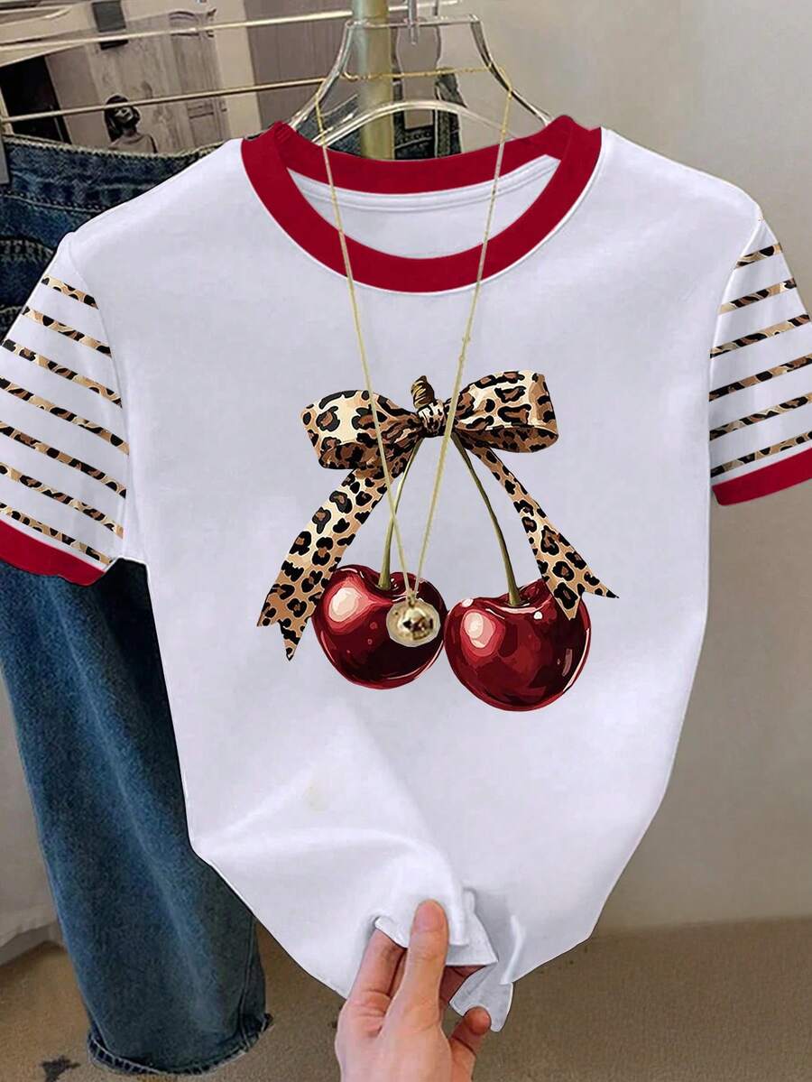 Resyla 女士休闲豹纹蝴蝶结樱桃图案短袖T恤 - 粉色 - 查看 1