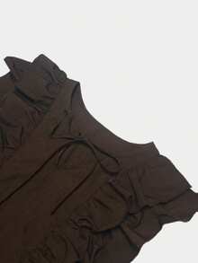 Pariaura 棕色荷叶边下摆休闲沙滩度假浪漫复古波西米亚连衣裙，适合日常、通勤、商务、毕业季、春夏晚餐约会，纯色迷你连衣裙（含腰带） - 棕色 - 查看 8