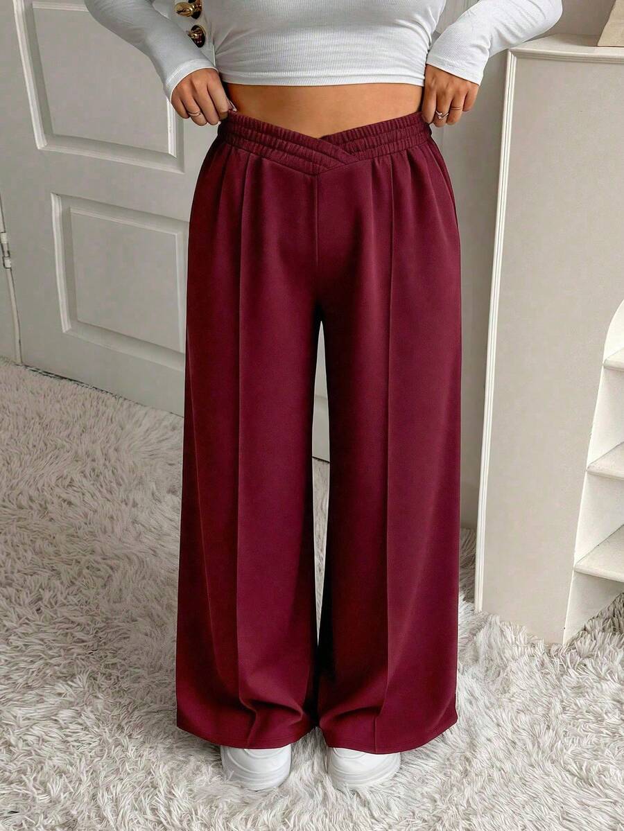 SHEIN EZwear 秋冬大码酒红色V腰阔腿休闲裤 - 酒紅色 - 查看 1