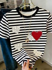 Resyla Women's Casual Fashion Faux Pearl & Rhinestone Heart Print Short Sleeve Round Neck T-Shirt - Black - View 6