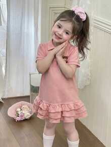 女婴休闲舒适连衣裙，胸前饰有可爱小熊刺绣 - 杏色 - 查看 3