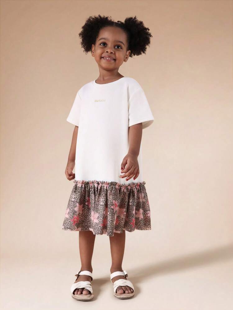 Leopardenkleid mit Blumenmuster und Mesh-Saum