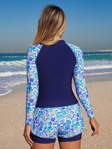 Swim Mulvari 2pcs/Set Women's Fashion Sexy Ocean Style Long Sleeve Round Neck Printed Cropped Top And Reversible Sports Shorts, Vest & Bikini Set - Multicolor - View 2