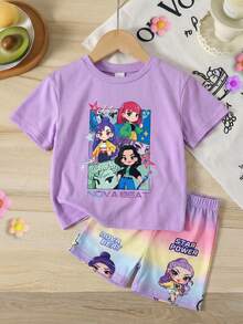 SHEIN Baby Girl Casual Chic Street Fashion Cartoon Girl Band Graphic Round Neck Short Sleeve T-Shirt And Shorts Set, Suitable For Spring/Summer - Multicolor - View 3