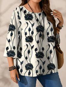 EMERY ROSE Áo thun nữ cỡ lớn in họa tiết toàn thân, cổ tròn, tay lỡ, dáng rộng, thích hợp cho mùa thu/đông. - Nhiều màu - Xem 5