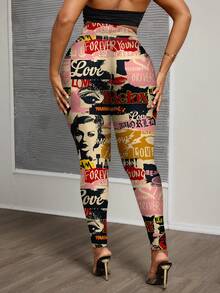 Slaydiva 大码休闲复古海报印花打底裤，适合秋冬季穿着 - 彩色 - 查看 2